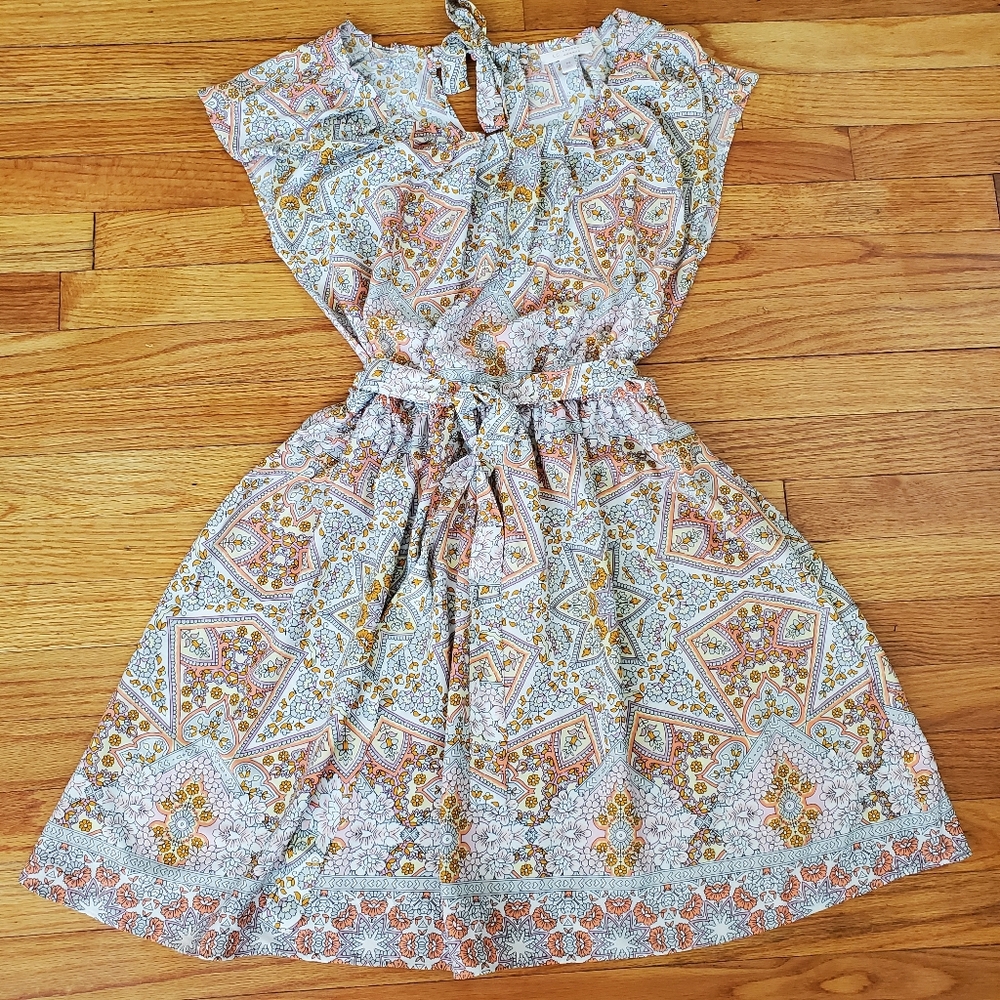 LC Tie Waist Gray & Orange Floral KneeLength Dress